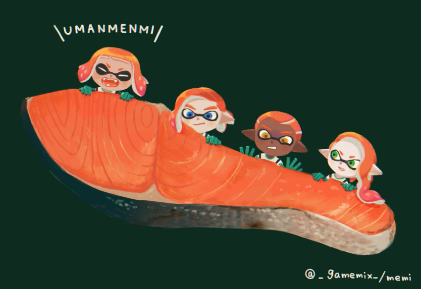 2boys 2girls blue_eyes fangs gloves green_background green_eyes green_gloves inkling_boy inkling_girl inkling_player_character looking_at_another memi_(gamemix) mini_person miniboy minigirl multiple_boys multiple_girls open_mouth orange_eyes romaji_text salmon shirt simple_background splatoon_(series) splatoon_2 twitter_username white_shirt