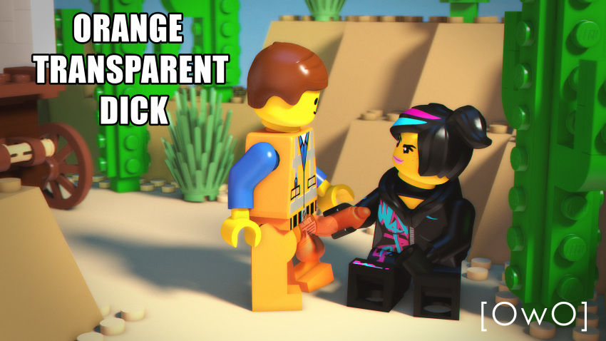 16:9 3d_(artwork) 4k absurd_res black_hair cactus clothed clothing desert digital_media_(artwork) duo emmet_brickowski female freckles genitals gloves hair handjob handwear hi_res highlights_(coloring) lego lego_minifigure male male/female neutral_expression nightmare_fuel not_furry owo_sfm penile penis plant seductive sex source_filmmaker standing text the_lego_movie translucent translucent_penis wagon what_has_science_done where_is_your_god_now why widescreen wyldstyle yellow_body yellow_skin