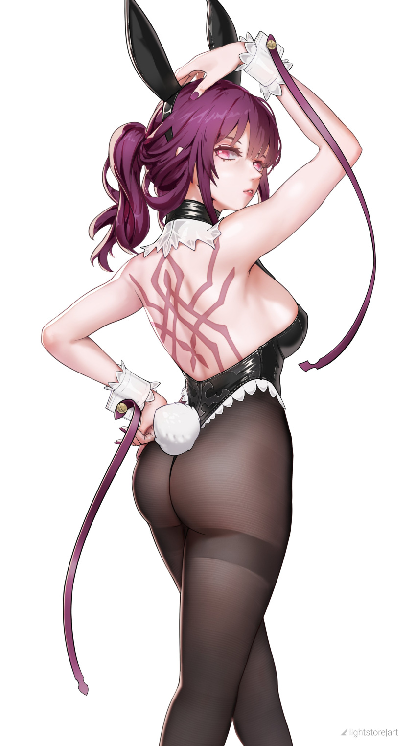 1girl absurdres animal_ears ass black_pantyhose breasts demiraito highres honkai:_star_rail honkai_(series) kafka_(honkai:_star_rail) large_breasts looking_at_viewer looking_back pantyhose playboy_bunny purple_eyes purple_hair rabbit_ears simple_background solo spider_web_print variant_set white_background white_wrist_cuffs wrist_cuffs