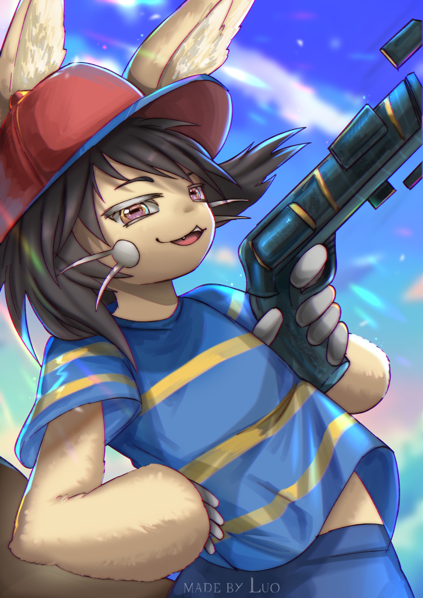 absurd_res alex_the_narehate anthro bottomwear clothing control_(video_game) earthbound_(series) gun hat headgear headwear hi_res looking_at_viewer luo_qiangwei made_in_abyss male narehate nintendo pattern_clothing pattern_shirt pattern_topwear pose ranged_weapon shirt shorts sky smile smug solo striped_clothing striped_shirt striped_topwear stripes topwear weapon