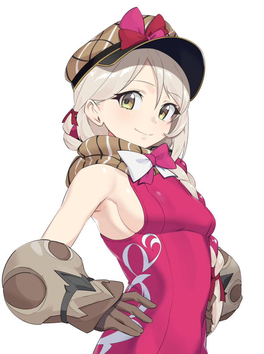 1girl bare_shoulders bow braid breasts brown_gloves brown_scarf cabbie_hat closed_mouth fire_emblem fire_emblem_engage framme_(fire_emblem) gloves grey_hair hair_between_eyes hair_ribbon hands_on_own_hips hat highres long_hair looking_at_viewer makino_harumaki multicolored_hair pink_bow pink_hair plaid plaid_headwear plaid_scarf red_ribbon ribbon scarf sideboob simple_background single_braid sleeveless smile solo two-tone_bow two-tone_hair upper_body white_background white_bow yellow_eyes