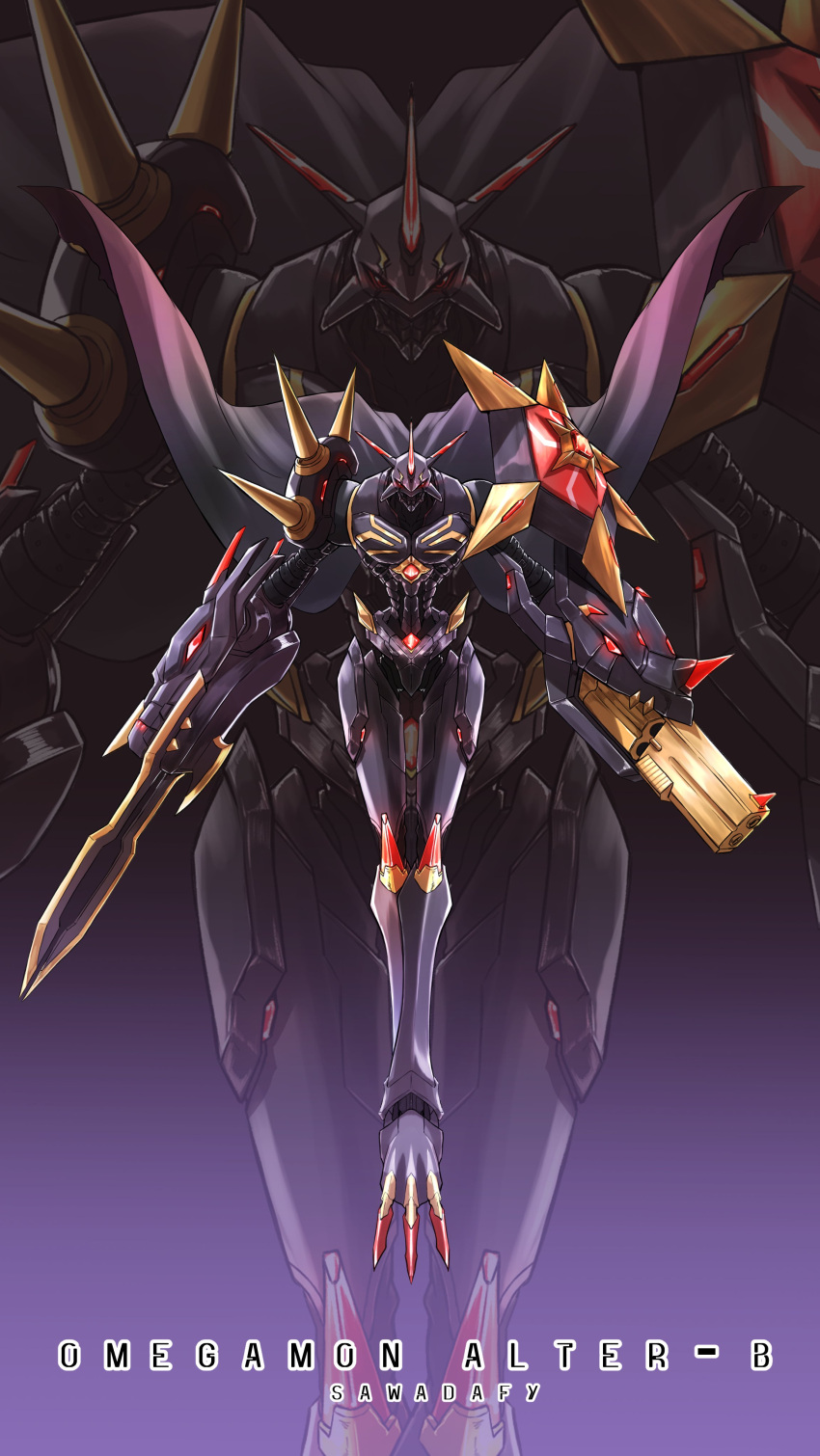 a-pose absurdres arm_blade arm_cannon armor artist_name black_cape black_skin cape character_name chest_jewel colored_skin dark_background digimon energy_gun full_body glowing glowing_eyes gradient_background gun highres horns multiple_heads neon_trim omegamon_alter-b red_eyes revolver robot sawadafy shield shoulder_armor solo spikes weapon zoom_layer