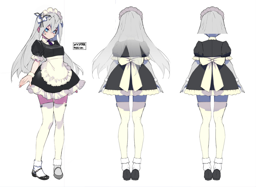 1girl back black_footwear blue_eyes blue_ribbon blush bow bow_legwear character_sheet closed_mouth eyebrows_visible_through_hair frills grey_background grey_bow grey_hair hair_between_eyes light_blush long_hair maid maid_headdress mop multiple_views namaniku_atk necktie official_art puffy_sleeves purple_necktie ribbon sasayama_ittousai simple_background solo taimanin_(series) taimanin_rpgx thighhighs white_bow white_legwear