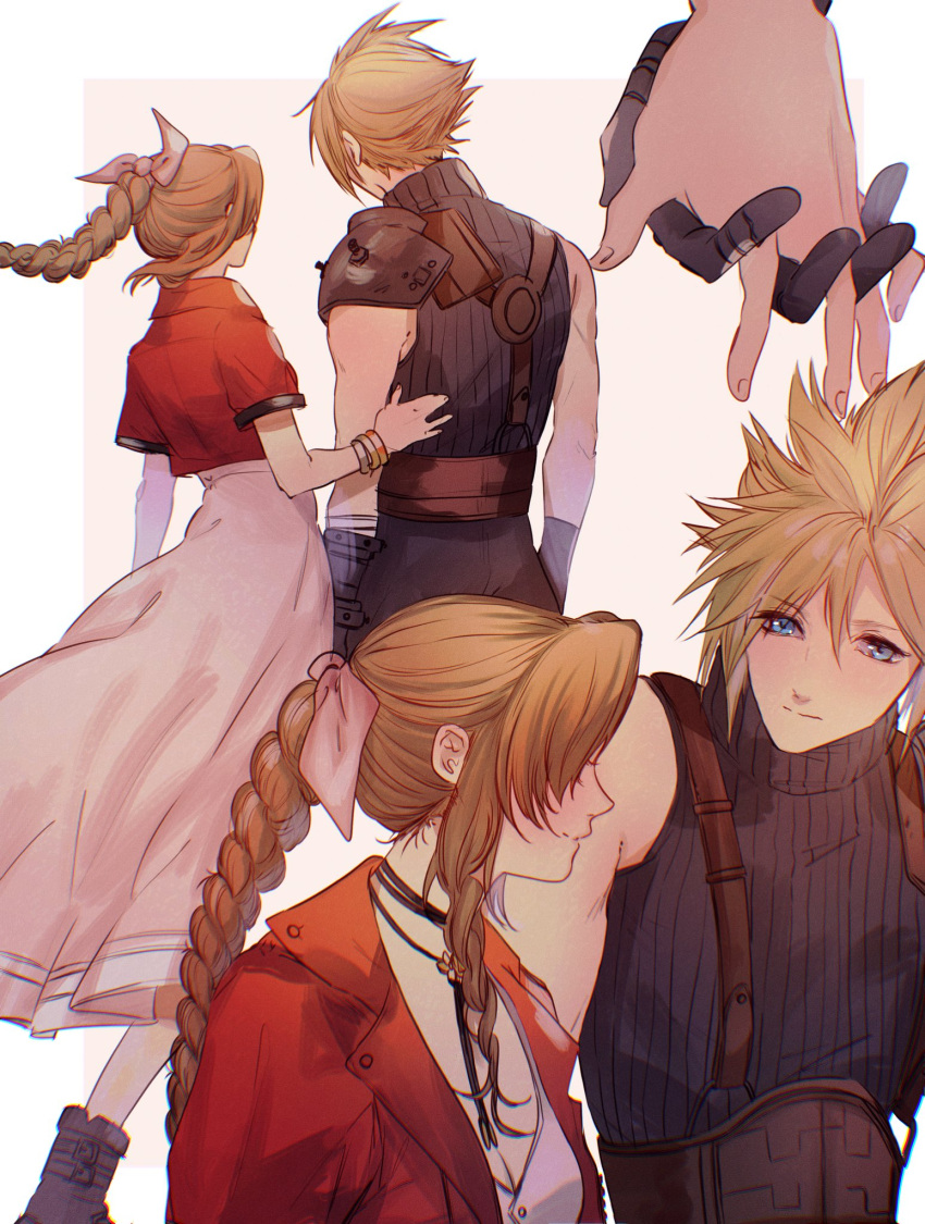 1boy 1girl aerith_gainsborough armor bandaged_arm bandages bangle belt blonde_hair blue_eyes blue_pants blue_shirt boots border bracelet braid braided_ponytail breasts brown_belt brown_footwear brown_hair choker cleavage closed_mouth cloud_strife couple cropped_jacket dress final_fantasy final_fantasy_vii final_fantasy_vii_rebirth final_fantasy_vii_remake flower_choker full_body hair_between_eyes hair_ribbon hand_on_another's_back hetero highres holding_hands interlocked_fingers jacket jewelry light_blush long_dress long_hair medium_breasts metal_gloves multiple_belts multiple_views pants parted_bangs pink_background pink_dress pink_ribbon red_jacket ribbon sera_(serappi) shirt short_hair short_sleeves shoulder_armor sidelocks single_bare_shoulder single_braid single_shoulder_pad sleeveless sleeveless_turtleneck smile spiked_hair suspenders turtleneck upper_body white_border