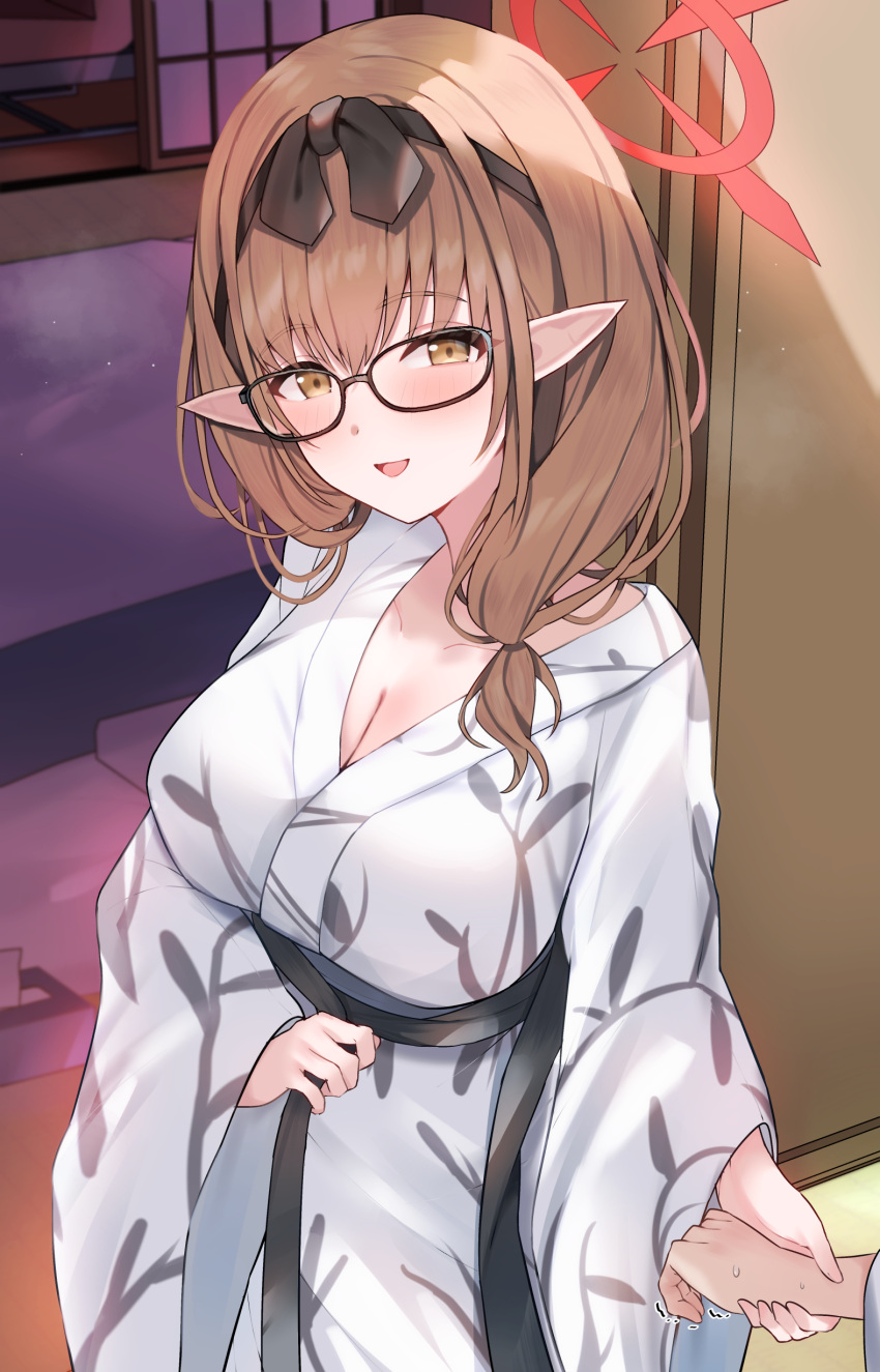 1girl 1other absurdres bath_yukata blue_archive blush bow breasts brown_eyes brown_hair chinatsu_(blue_archive) cleavage glasses hair_bow hair_ornament halo highres holding_hands horns indoors japanese_clothes kimono large_breasts long_hair looking_at_viewer mi_taro333 multiple_horns no_eyewear open_mouth pointy_ears red_halo smile solo_focus yukata