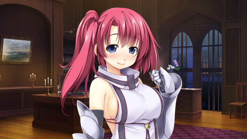 1girl armored_gloves atelier-moo bare_shoulders blue_eyes blush breasts closed_mouth curtained_hair detached_sleeves embarrassed hair_between_eyes highres indoors large_breasts long_hair looking_at_viewer red_hair side_ponytail sideboob smile solo spica_celest squinting standing upper_body wizards_symphony