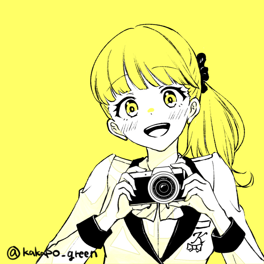 1girl artist_name camera highres holding holding_camera kakapo_green long_hair long_sleeves looking_at_viewer monochrome solo tada-kun_wa_koi_wo_shinai teresa_wagner twitter_username uniform upper_body yellow_theme