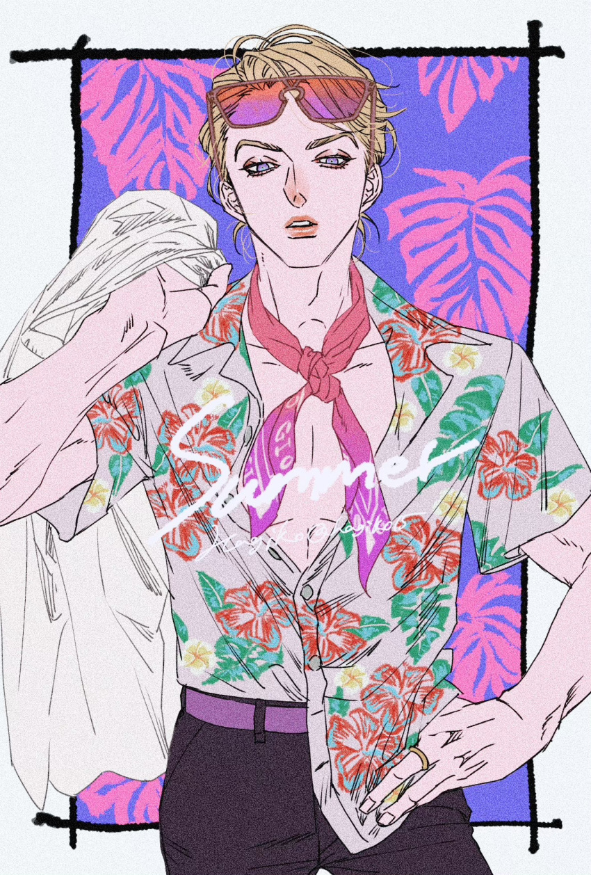 1boy aegyo_sal artist_name belt black_pants blonde_hair collarbone collared_shirt cowboy_shot hagiko15 hand_on_own_hip hawaiian_shirt highres jewelry jojo_no_kimyou_na_bouken lone_nape_hair male_focus pants partially_unbuttoned pectorals pink_lips prosciutto purple_belt purple_eyes ring scarf shirt shirt_partially_tucked_in short_hair short_sleeves solo twitter_username vento_aureo