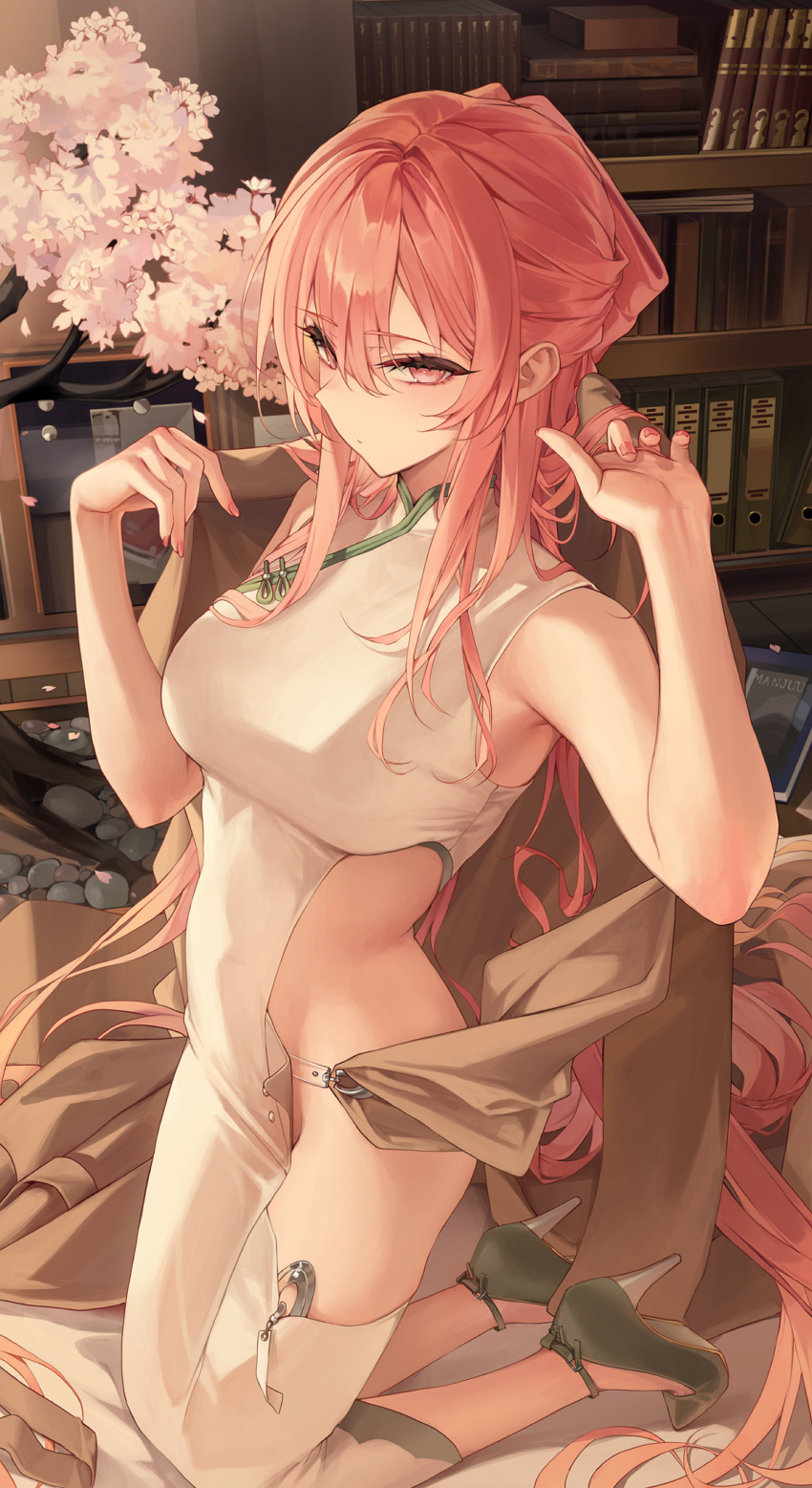 1girl azur_lane bare_arms bare_hips bare_shoulders book bookshelf breasts brown_coat cherry_blossoms coat dress fingernails grey_footwear highres indoors kneeling large_breasts long_hair looking_at_viewer nail_polish official_alternate_costume perseus_(azur_lane) perseus_(spring_lackadaisical_leisure)_(azur_lane) pink_eyes pink_hair red_nails sabotensuteeki sideless_outfit solo thighs too_many too_many_books unworn_coat very_long_hair white_dress