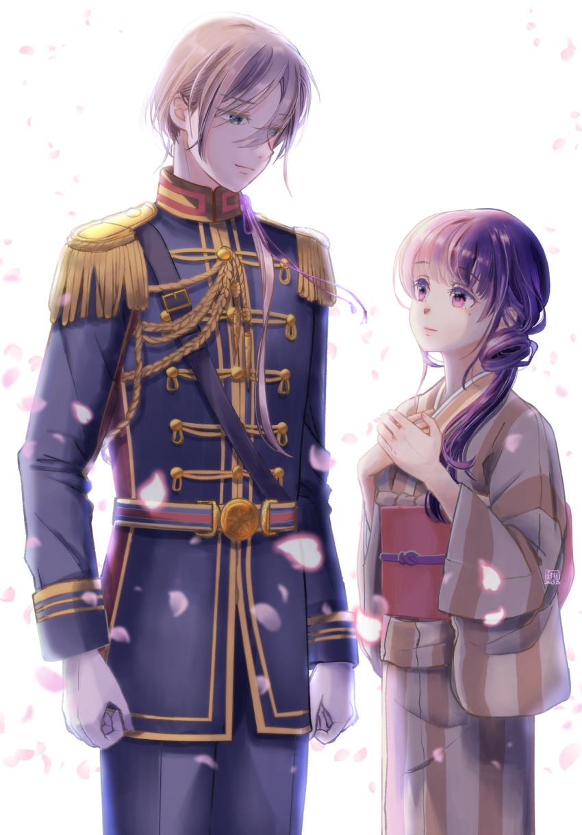 1boy 1girl aiguillette epaulettes eye_contact gloves hair_between_eyes hands_up highres japanese_clothes kimono kudou_kiyoka long_hair looking_at_another mole mole_under_eye own_hands_together pants purple_eyes saimori_miyo standing striped_clothes striped_kimono uniform very_long_hair watashi_no_shiawase_na_kekkon white_background white_gloves yuurikouimari