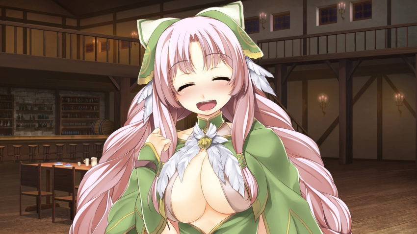 1girl ^_^ atelier-moo blush braid breasts cleavage closed_eyes curtained_hair dress drunk happy highres large_breasts long_hair long_sleeves looking_at_viewer narrow_waist night nina_lazydaisy open_mouth pink_hair ribbon smile solo standing tavern teeth twin_braids upper_body upper_teeth_only wizards_symphony