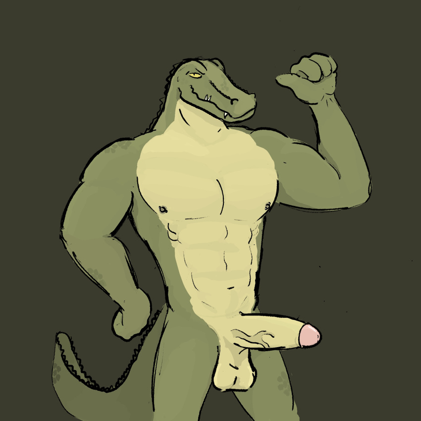 alligator alligatorid anthro balls big_balls big_penis crocodilian dickinoatmeal foreskin genitals hi_res huge_penis humanoid male muscular muscular_male penis pose reptile scalie simple_background simple_eyes solo vein veiny_penis