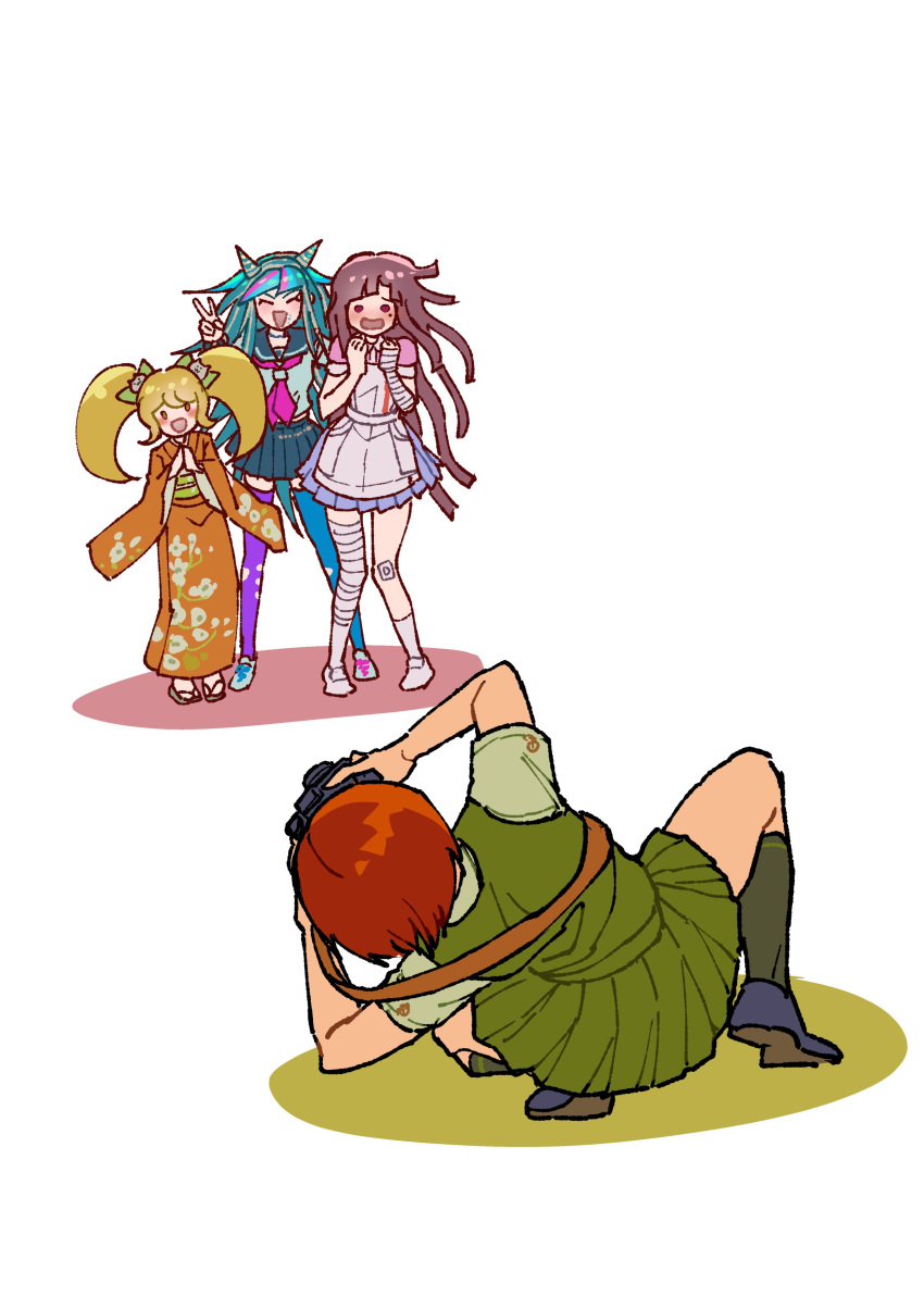 4girls :d absurdres bandaged_leg bandages bandaid bandaid_on_knee bandaid_on_leg black_sailor_collar blonde_hair blush bow brown_hair camera cat_hair_ornament danganronpa_(series) danganronpa_2:_goodbye_despair full_body green_skirt grey_shirt hair_bow hair_horns hair_ornament highres holding holding_camera japanese_clothes kimono kneehighs koizumi_mahiru long_hair miniskirt mioda_ibuki multicolored_hair multiple_girls open_mouth orange_kimono pleated_skirt red_hair sailor_collar saionji_hiyoko shirt shoes short_hair short_sleeves skirt smile socks squatting standing taking_picture thighhighs torn_clothes torn_thighhighs tsumiki_mikan twintails youko-shima