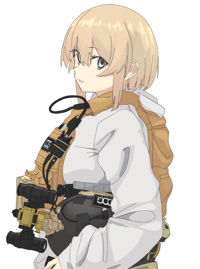 1girl absurdres blonde_hair bulletproof_vest cloak hair_between_eyes highres hood hood_down hooded_cloak long_sleeves looking_at_viewer night_vision_device open_mouth original patch short_hair sidelocks simple_background sleeves_past_wrists solo soutou_nagi white_background