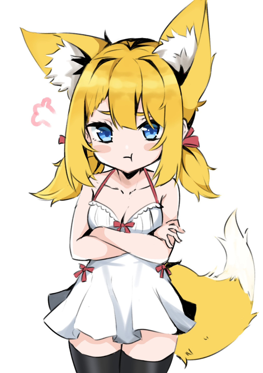 1girl animal_ear_fluff animal_ears annoyed black_thighhighs blonde_hair blue_eyes blush_stickers breasts cleavage crossed_arms dress fox_ears fox_girl fox_tail highres long_hair looking_at_viewer nasumikan_(nodoame241) original pout ribbon short_dress solo sundress tail thighhighs thighs twintails white_dress