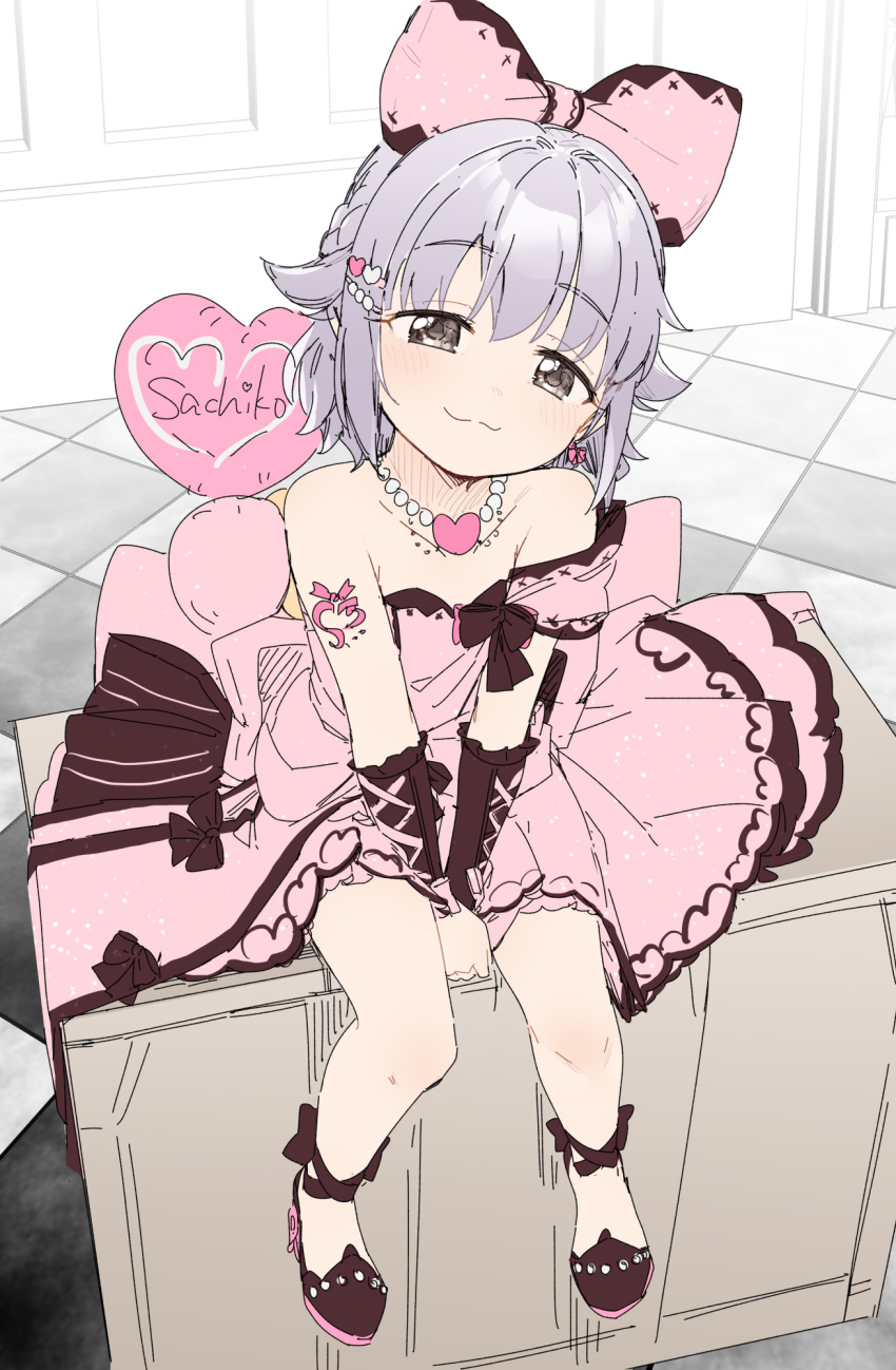 1girl :3 bare_shoulders between_legs black_footwear bow braid brown_eyes character_name closed_mouth collarbone commentary_request dress grey_hair hair_bow hand_between_legs heart highres idolmaster idolmaster_cinderella_girls koshimizu_sachiko looking_at_viewer pink_bow pink_dress shoes short_hair solo strapless strapless_dress yukie_(kusaka_shi)