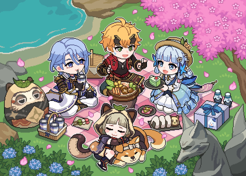 2boys 2girls :3 :d ahoge animal_ears animal_hood basket black_gloves black_shirt black_shorts blonde_hair blue_dress blue_eyes blue_flower blue_hair blue_pants blunt_bangs blunt_tresses blush blush_stickers bottle bow braid braided_hair_rings brown_hat brown_kimono bush butterfly_hair_ornament cake cake_slice cherry_blossoms chopsticks closed_eyes closed_mouth commentary cropped_jacket cup dango dango_milk_(genshin_impact) day dog dog_tags dress drinking_straw drinking_straw_in_mouth english_commentary fake_animal_ears fake_horns fake_tail falling_petals fingerless_gloves flower food fox_statue frilled_dress frills furina_(genshin_impact) genshin_impact gloves gold_trim grass green_eyes grey_hair hair_between_eyes hair_flower hair_ornament hands_up hat hat_flower headband highres holding holding_chopsticks holding_cup holding_plate hood hood_up horned_headwear horns hotpot hug hydrangea jacket japanese_clothes jewelry kamisato_ayaka kamisato_ayaka_(springbloom_missive) kamisato_ayato kimono leaf leaf_on_head long_sleeves looking_at_another low_ponytail lying mole mole_under_eye mole_under_mouth muji-muji_daruma_(genshin_impact) multiple_boys multiple_girls mushroom necklace official_alternate_costume official_alternate_hairstyle on_side onigiri open_clothes open_jacket open_mouth outdoors outline pants pantyhose parted_bangs petals picnic picnic_basket pink_flower pixel_art plate ponytail ppyok_1017 purple_eyes raccoon_ears raccoon_girl raccoon_hood raccoon_tail red_jacket rock sakura_mochi sanshoku_dango sayu_(genshin_impact) shiba_inu shiitake shirt short_hair short_shorts short_sleeves shorts sidelocks single_sode sitting sleeping smile statue sweatdrop swept_bangs tail taroumaru_(genshin_impact) thoma_(genshin_impact) tree wagashi water white_bow white_flower white_jacket white_outline white_pants white_pantyhose wide_sleeves