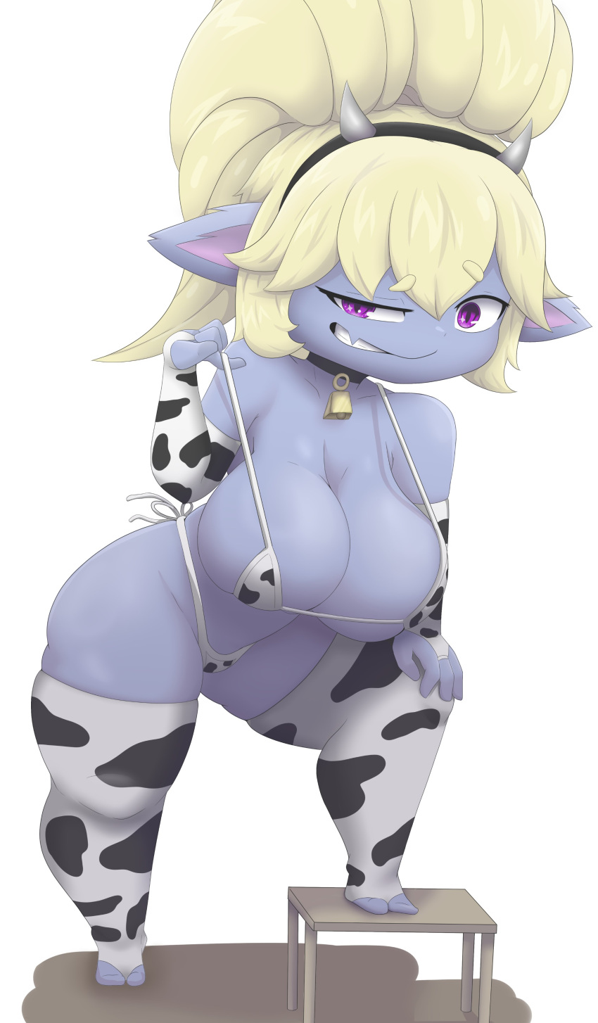 absurd_res animal_print animal_print_bikini big_breasts bikini black_collar blonde_hair blue_body breasts clothed clothing collar cow_print cow_print_bikini cowbell digeldickerson fake_cow_horns fake_horns feet female footwear furniture hair hi_res humanoid humanoid_pointy_ears league_of_legends legwear looking_at_viewer mammal micro_bikini pattern_bikini pattern_clothing pattern_swimwear pigtails poppy_(lol) purple_eyes riot_games short_stack simple_background smug solo stool swimwear thick_thighs thigh_highs toeless_footwear toeless_thigh_highs toothy_grin white_background yordle