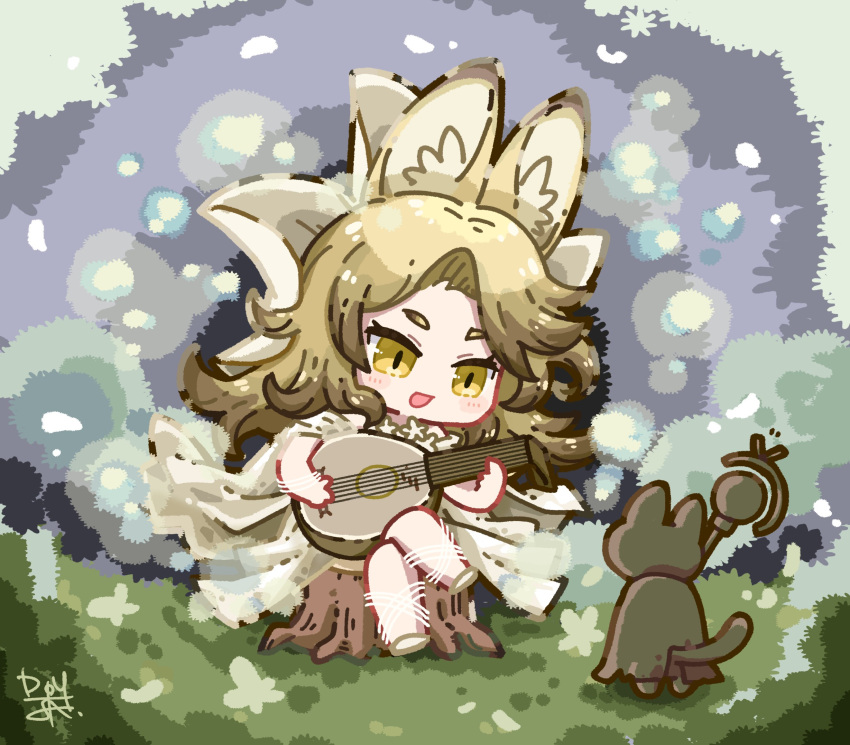 1girl animal animal_ear_fluff animal_ears arknights black_cat blonde_hair blue_background cat chibi commentary dog-san dress english_commentary full_body grass highres holding holding_instrument instrument long_hair looking_at_viewer music open_mouth outdoors playing_instrument quercus_(arknights) quercus_(the_bard's_tale)_(arknights) signature smile tree_stump white_dress yellow_eyes