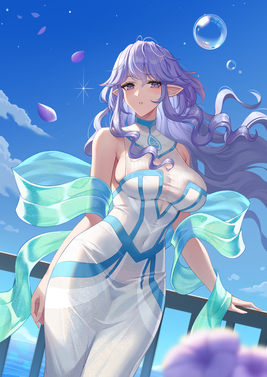 1girl bare_shoulders blue_sky blush breasts bubble character_request cloud commentary_request covered_navel cowboy_shot day dress du_mogu hair_between_eyes highres large_breasts long_hair looking_at_viewer maplestory petals pointy_ears purple_eyes purple_hair railing shawl sky solo standing very_long_hair white_dress