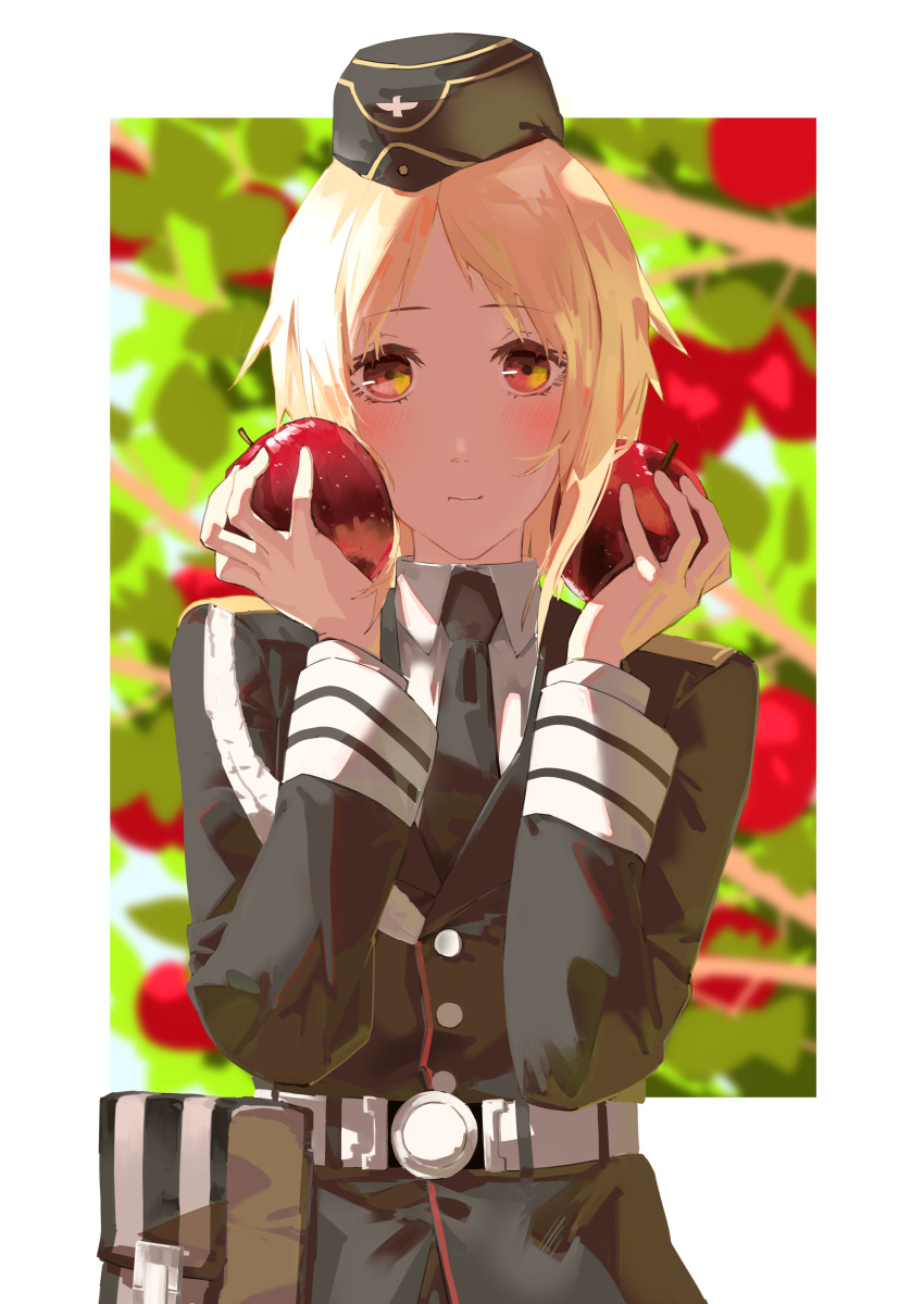 1girl absurdres asimo_(hakurei10201) black_gloves blonde_hair brown_eyes commission food fruit girls'_frontline gloves hat highres holding holding_food holding_fruit looking_at_viewer military military_uniform mp40_(girls'_frontline) short_hair uniform