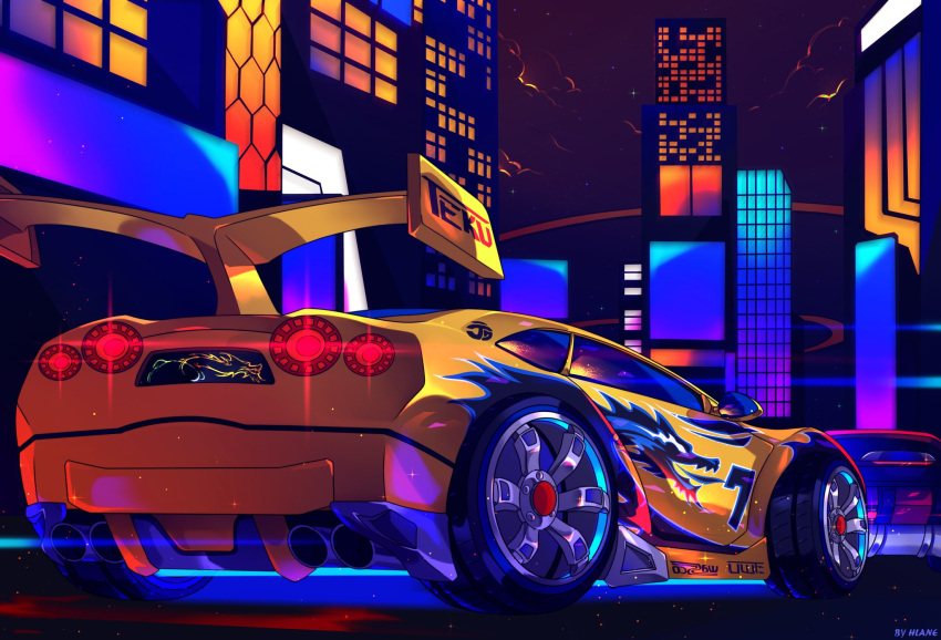 car city glint glowing highres hlane hot_wheels hot_wheels:_acceleracers motor_vehicle no_humans orange_car shadow spoiler_(automobile) sports_car synkro_(hot_wheels) vehicle_focus