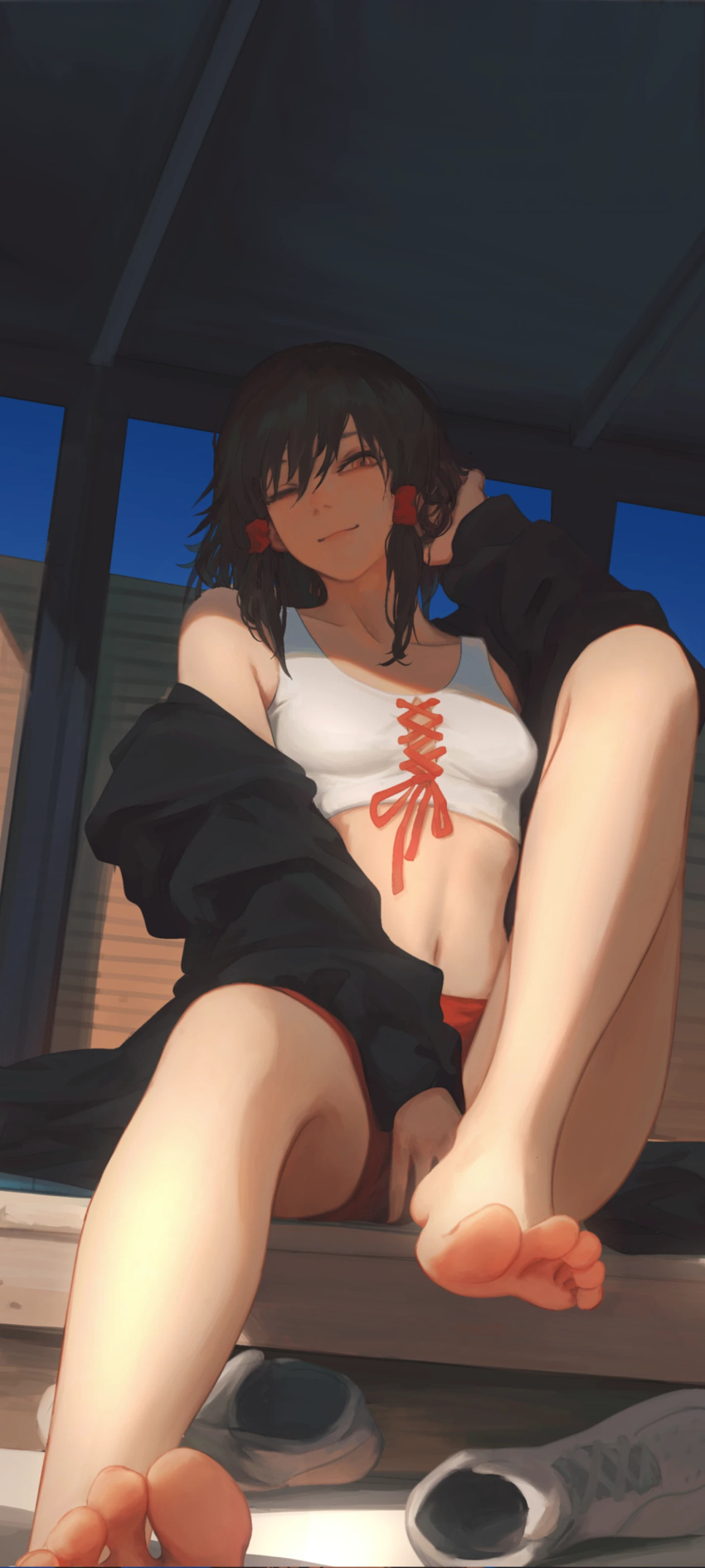 1girl absurdres barefoot between_legs black_hair black_jacket breasts chainsaw_man closed_mouth commentary cross-laced_clothes cross-laced_top feet hand_between_legs hand_in_own_hair highres jacket knee_up looking_at_viewer low-tied_sidelocks making-of_available midriff mifune_fumiko navel off_shoulder one_eye_closed open_clothes open_jacket red_shorts ringed_eyes shoes shorts sitting small_breasts solo tank_top toenails unworn_shoes white_tank_top yao_liao_wang