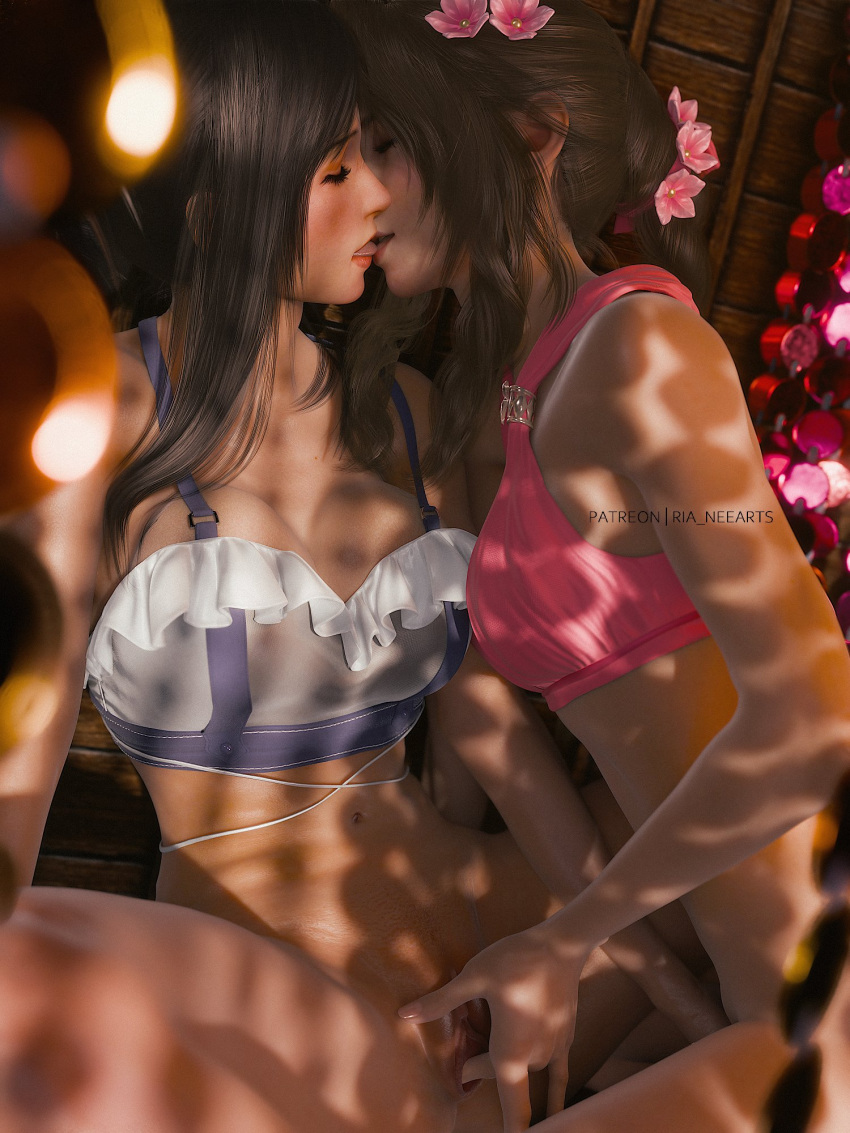 2girls 3d aerith_gainsborough aerith_gainsborough_(pink_mermaid) bikini bikini_top_only black_hair bottomless breasts brown_hair closed_eyes dappled_sunlight final_fantasy final_fantasy_vii final_fantasy_vii_rebirth final_fantasy_vii_remake flower french_kiss hair_flower hair_ornament highres kiss large_breasts medium_breasts multiple_girls official_alternate_costume official_alternate_hairstyle pink_bikini pussy ria_(baka-neearts) sunlight swimsuit tifa_lockhart tifa_lockhart_(shining_spirit) tongue white_bikini yuri