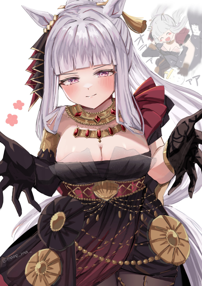 1girl absurdres animal_ears asymmetrical_gloves bare_shoulders black_dress black_gloves black_pantyhose blush breasts cleavage closed_mouth commentary_request cowboy_shot dress elbow_gloves gloves gold_ship_(la_mode_564)_(umamusume) gold_ship_(umamusume) grey_hair highres horse_ears horse_girl horse_tail large_breasts long_hair looking_at_viewer mare_ma official_alternate_costume pantyhose pink_eyes simple_background solo tail twitter_username umamusume white_background