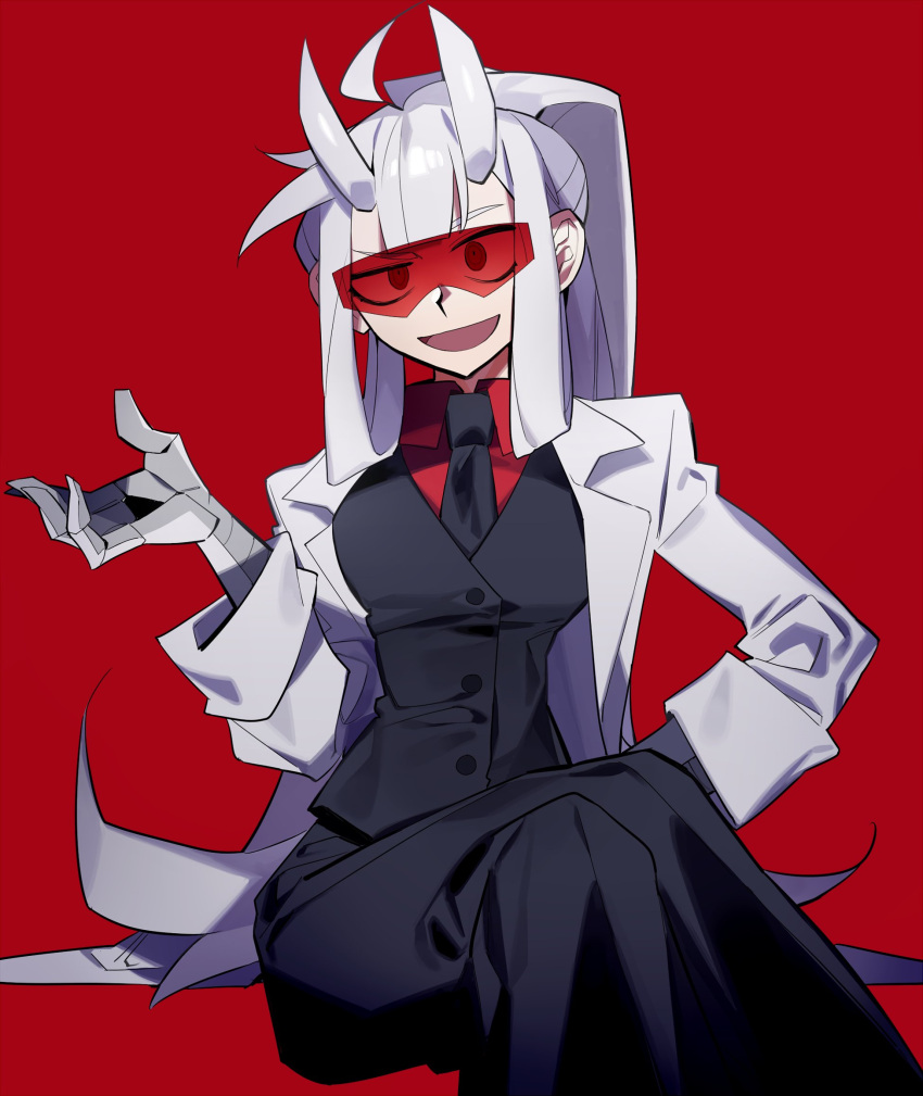 1girl ahoge black_pants black_vest blunt_bangs breasts buttons coat collared_shirt crossed_legs glasses hand_on_own_hip hand_up helltaker higa423 high_ponytail highres horns long_sleeves looking_at_viewer loremaster_(helltaker) mechanical_arms open_clothes open_coat open_mouth pants red-tinted_eyewear red_background red_eyes red_shirt shirt sidelocks sitting smile solo tinted_eyewear vest white_coat white_hair white_horns