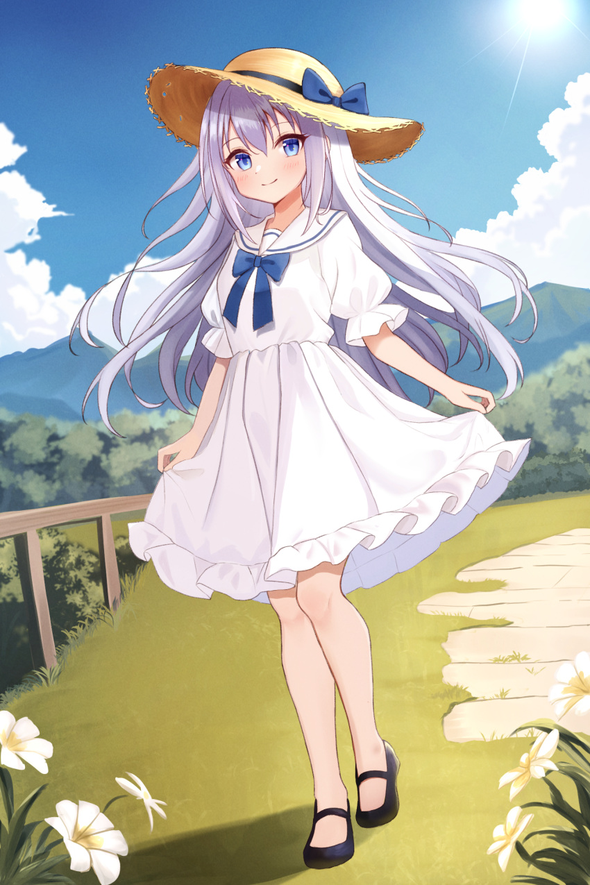 1girl blue_eyes blush bow bowtie commission day daysss dress flower grey_hair hat highres long_hair looking_at_viewer mary_janes original outdoors sailor_collar sailor_dress shoes skeb_commission skirt_hold sky smile solo straw_hat sun_hat very_long_hair