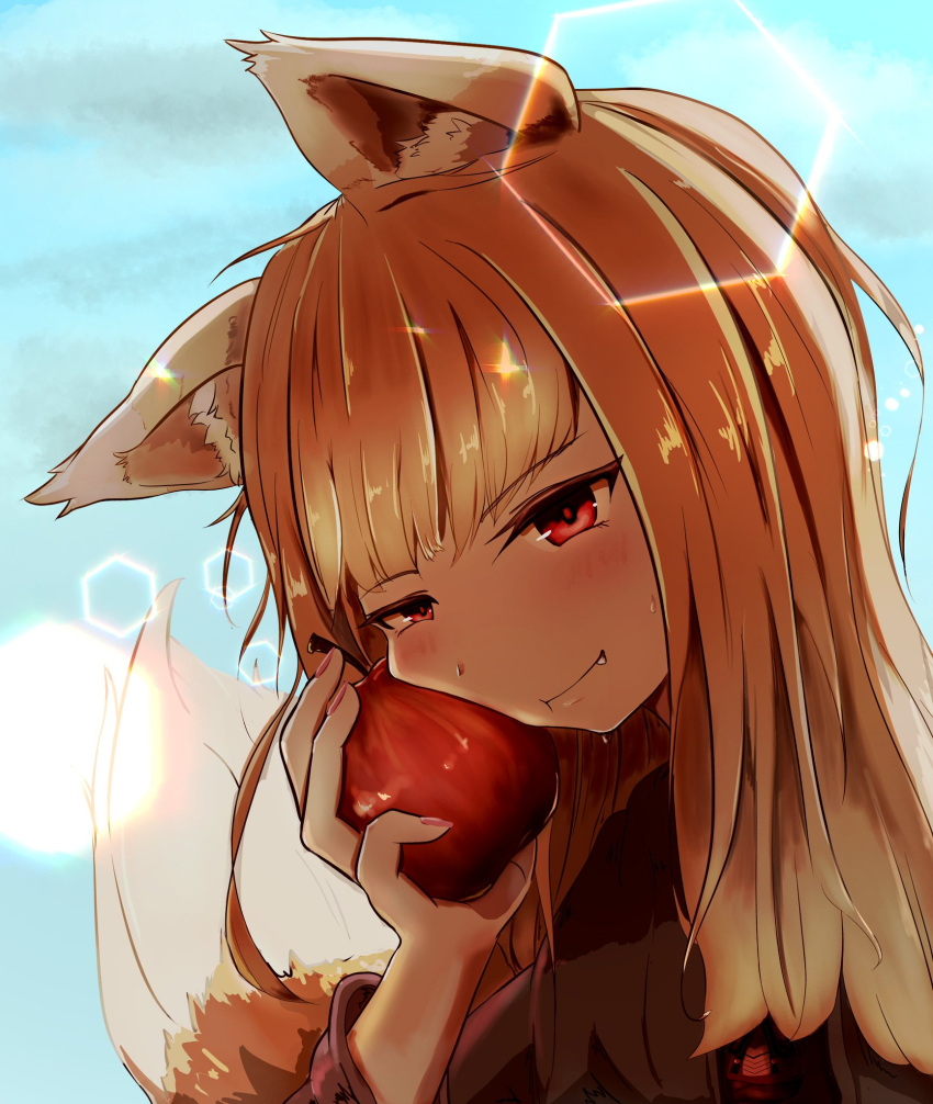 1girl animal_ears apple blush brown_hair choko_bike closed_mouth fang food fruit head_rest highres holding holding_food holding_fruit holo lens_flare long_hair long_sleeves portrait red_eyes solo spice_and_wolf tail wolf_ears wolf_girl wolf_tail