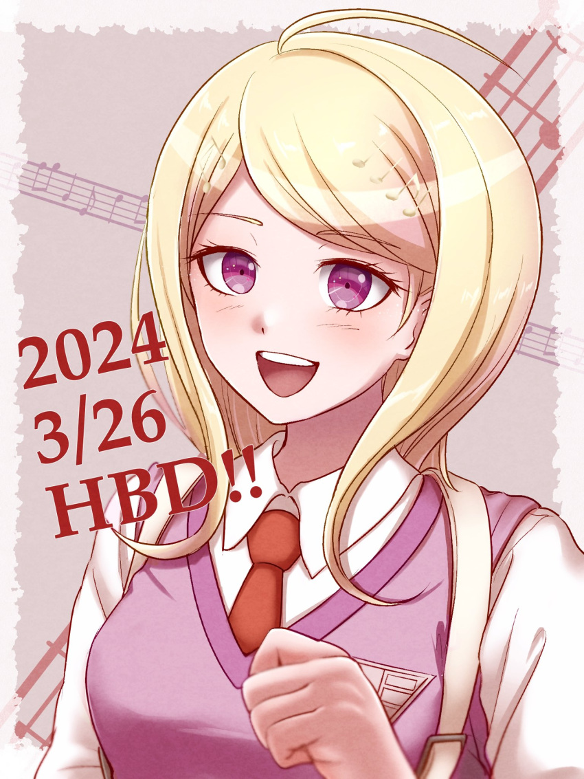 1girl :d ahoge akamatsu_kaede blush collared_shirt danganronpa_(series) danganronpa_v3:_killing_harmony dated hair_ornament happy_birthday highres matsushima_(mtsmhr) musical_note musical_note_hair_ornament necktie pink_background pink_eyes pink_sweater_vest red_necktie shirt smile solo sweater_vest teeth upper_teeth_only white_background white_shirt