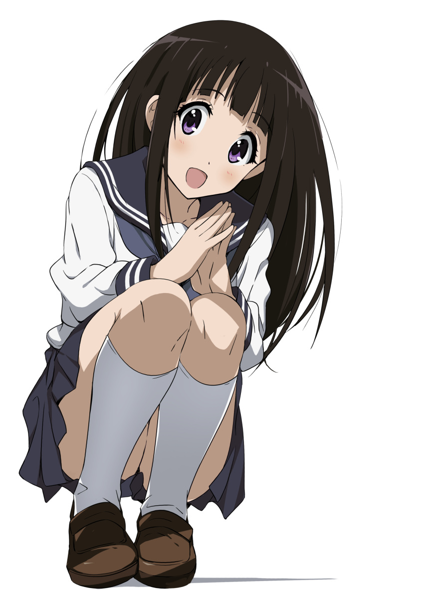 1girl absurdres black_hair blush brown_footwear chitanda_eru commentary_request dot_nose full_body grey_sailor_collar grey_skirt highres hyouka kneehighs loafers long_hair long_sleeves looking_at_viewer miniskirt open_mouth own_hands_together pleated_skirt purple_eyes sailor_collar school_uniform serafuku shirt shoes sidelocks simple_background skirt socks solo squatting steepled_fingers tokiani white_background white_shirt white_socks
