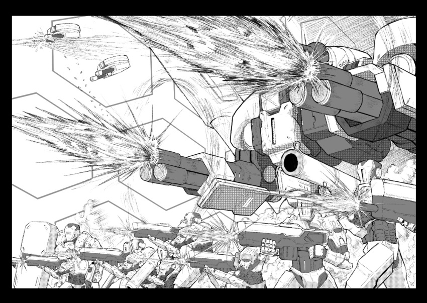 aiming assault_rifle battle black_border blue_archive border decagrammaton_(blue_archive) drone firing greyscale gun holding holding_gun holding_shield holding_weapon lightningace mecha monochrome muzzle_flash no_humans rifle robot rocket_launcher shell_casing shield weapon