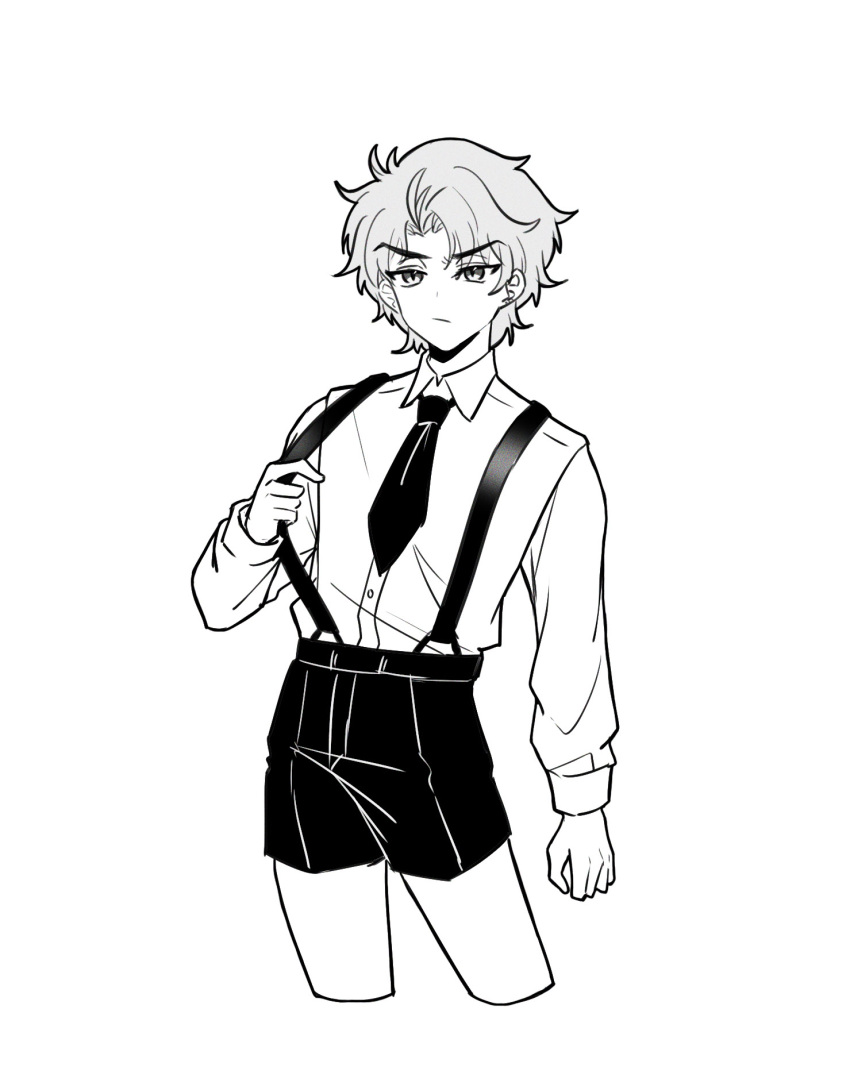 1boy :/ chuchumimipupu commentary_request contrapposto cropped_legs dio_brando greyscale highres jojo_no_kimyou_na_bouken male_focus monochrome necktie phantom_blood short_necktie short_shorts shorts solo suspender_shorts suspenders suspenders_pull