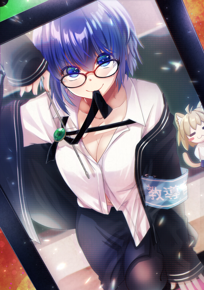2girls :3 absurdres animal_ears antenna_hair armband bangs black-framed_eyewear black_jacket black_legwear blonde_hair blue_eyes blue_hair blue_skirt blush_stickers breasts cat_ears ciel_(tsukihime) cleavage closed_eyes closed_mouth collarbone commentary_request eyebrows_visible_through_hair glasses hair_between_eyes highres holding holding_pointer jacket large_breasts long_sleeves looking_at_viewer mouth_hold multiple_girls neco-arc open_clothes open_jacket pantyhose pointer shimotsukishin shirt short_hair size_difference skirt sleeves_past_wrists smile sweater tail teacher tsukihime tsukihime_(remake) white_shirt white_sweater