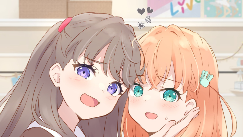 2girls :d absurdres aqua_eyes blurry blurry_background blush brown_hair crossed_bangs fujishima_megumi hair_ornament hand_on_another's_cheek hand_on_another's_face hasu_no_sora_school_uniform heart highres hinoshita_kaho in-universe_location link!_like!_love_live! long_hair looking_at_viewer love_live! medium_hair multiple_girls open_mouth orange_hair purple_eyes rabbit_hair_ornament sailor_collar school_uniform smile smug two_side_up virtual_youtuber white_sailor_collar winter_uniform yutuki_ame