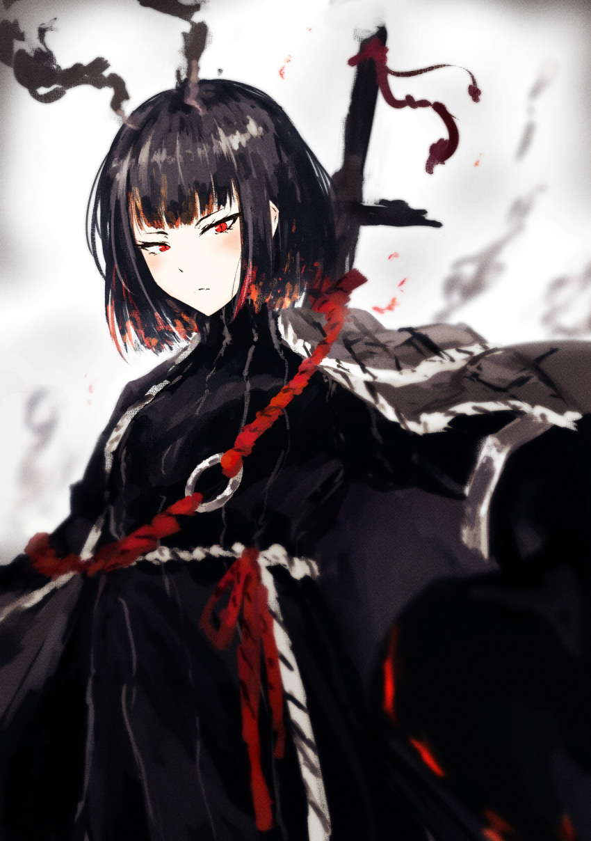 1girl absurdres akita_(akitakipuromun) black_coat black_hair coat highres katana limbus_company o-ring project_moon red_eyes ryoshu_(project_moon) sheath sheathed short_hair smoke solo sword weapon