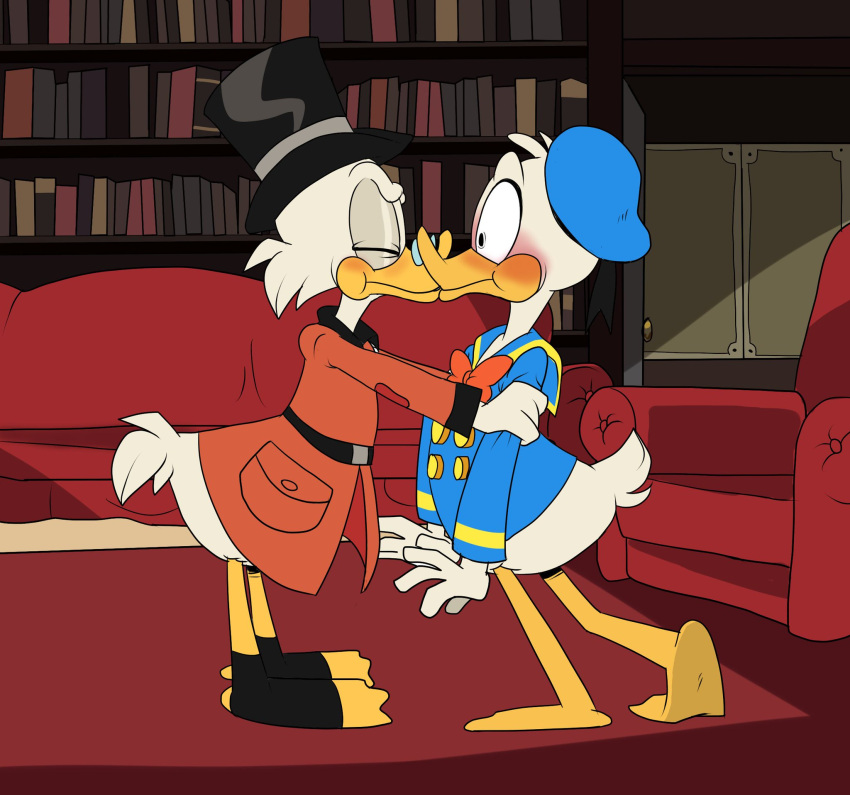 anatid anseriform anthro avian bird blush clothed clothing disney donald_duck duck ducktales ducktales_(2017) duo embrace eyewear glasses hat headgear headwear hi_res igotdragons incest_(lore) inside kissing male male/male nephew_(lore) scrooge_mcduck surprise_kiss uncle_(lore) uncle_and_nephew_(lore)