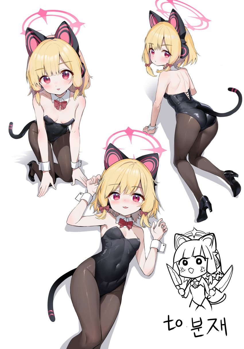 1girl absurdres all_fours animal_ear_headphones animal_ears black_footwear black_leotard black_pantyhose blonde_hair blue_archive blush bow bowtie breasts cat_ear_headphones death_momoi_(meme) detached_collar fake_animal_ears from_behind full_body hair_bow halo headphones high_heels highres leotard looking_at_viewer low-tied_sidelocks lying meme momoi_(blue_archive) multiple_views on_back p-gnesium pantyhose pink_bow pink_bowtie pink_eyes pink_halo playboy_bunny second-party_source short_hair small_breasts smile strapless strapless_leotard white_background wrist_cuffs