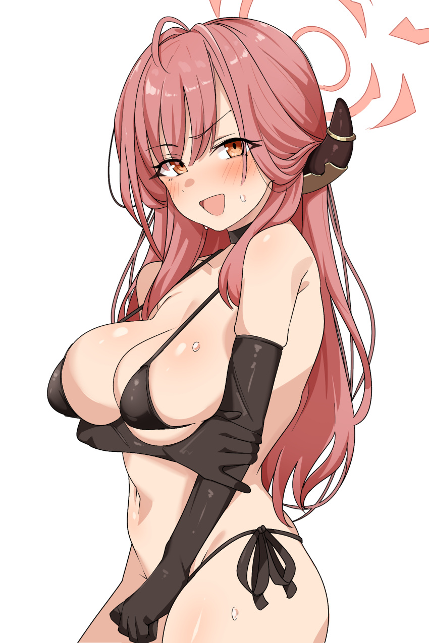 1girl absurdres alternate_costume arm_under_breasts aru_(blue_archive) bare_shoulders bikini black_bikini black_choker black_gloves blue_archive blush breasts brown_horns choker collarbone commentary elbow_gloves furrowed_brow gloves groin halo hand_on_own_arm highres horns large_breasts long_hair looking_at_viewer low_horns micro_bikini navel open_mouth orange_eyes pink_hair pink_halo seihekiog side-tie_bikini_bottom sideboob simple_background smile solo stomach sweat swimsuit thighs underboob white_background
