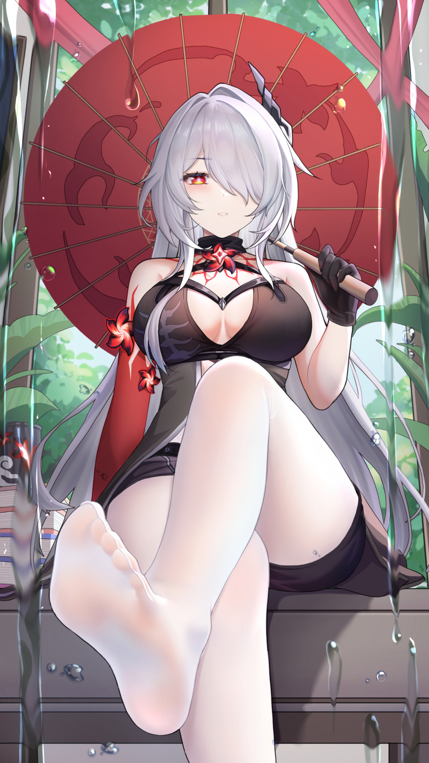 1girl absurdres acheron_(honkai:_star_rail) bare_legs barefoot black_bra black_choker black_shorts bra breasts choker cleavage feet flower highres honkai:_star_rail honkai_(series) leg_tattoo looking_at_viewer pantyhose red_eyes red_flower shorts sitting tattoo umbrella underwear wei_(pixiv53355564) white_hair white_pantyhose