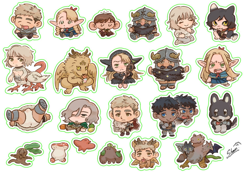 6+boys ass beard brown_hair bulge character_request chibi chilchuck_tims closed_eyes collage dungeon_meshi dwarf eating facial_hair fake_horns falin_touden falin_touden_(chimera) falin_touden_(tallman) fallen_down false_smile from_below golem helmet highres holding holding_staff horned_helmet horns izutsumi kabru laios_touden long_beard mandrake marcille_donato mithrun monster_boy monster_girl monsterification multiple_boys multiple_heads official_alternate_costume outstretched_arms pleading_eyes senshi_(dungeon_meshi) shan_(shanshankuo) smile sparkle spoilers spread_arms staff thick_mustache u_u very_long_beard walking_mushroom_(dungeon_meshi) winged_lion_(dungeon_meshi)