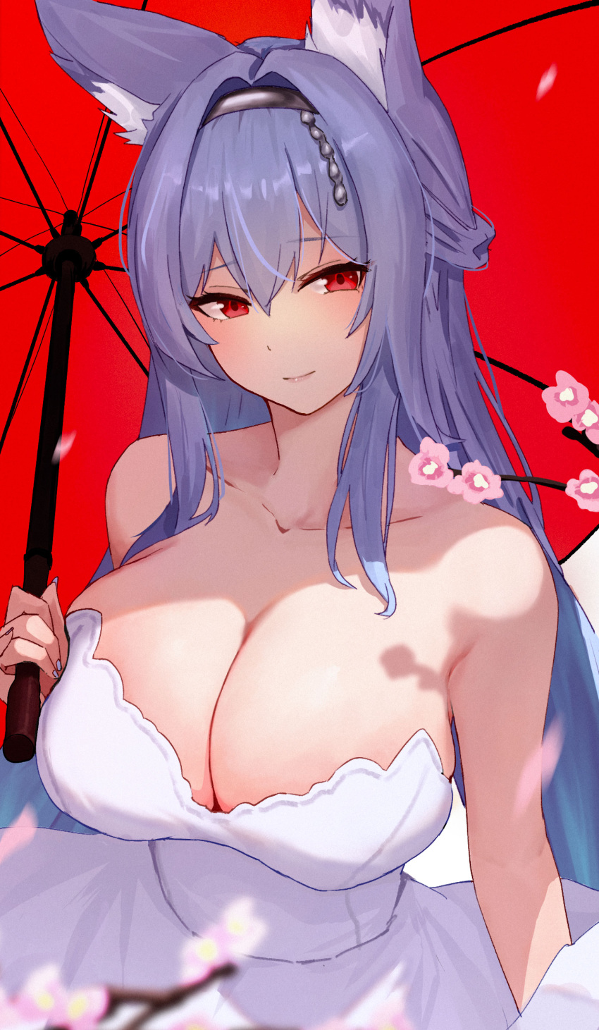 1girl absurdres alternate_breast_size animal_ear_fluff animal_ears azur_promilia bare_shoulders black_hairband blue_hair breasts cleavage clisapex dress hairband highres holding holding_umbrella huge_breasts long_hair looking_to_the_side red_eyes red_umbrella sleeveless sleeveless_dress solo strapless strapless_dress umbrella upper_body very_long_hair white_dress