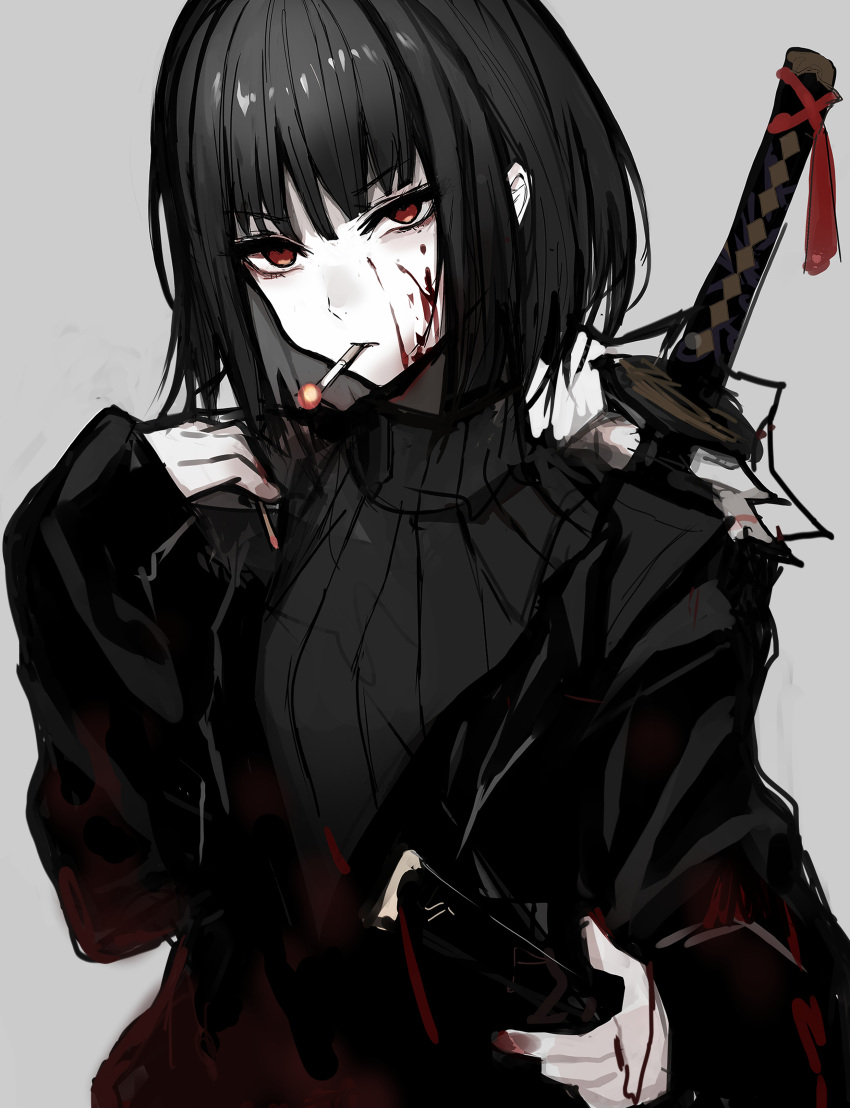 1girl absurdres black_coat black_hair blood blood_on_clothes blood_on_face chuhaibane cigarette coat grey_background highres katana limbus_company project_moon red_eyes ryoshu_(project_moon) sheath sheathed simple_background smoke smoking solo sword weapon