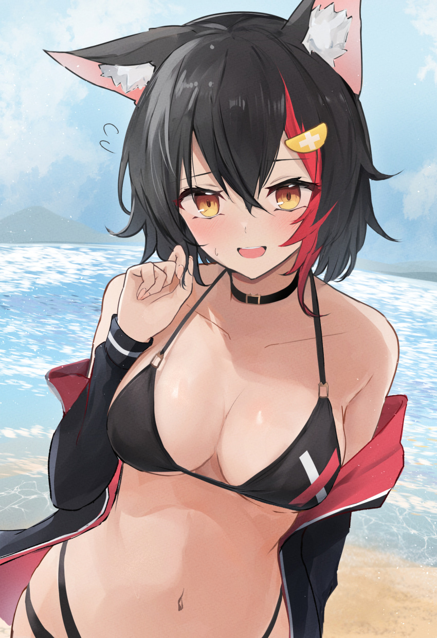 1girl alternate_costume alternate_hair_length alternate_hairstyle animal_ear_fluff animal_ears arm_behind_back beach bikini black_bikini black_choker black_hair breasts choker collarbone commentary english_commentary fingernails hair_ornament hairclip highres hololive large_breasts looking_at_viewer multicolored_hair navel ocean ookami_mio outdoors red_hair short_hair shuuzo3 solo streaked_hair swimsuit virtual_youtuber wolf_ears wolf_girl yellow_eyes