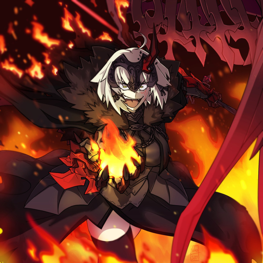 1girl ahoge armor armored_collar armored_corset cape chain crazy_eyes fate/grand_order fate_(series) fire fur_trim gorget headpiece highres jeanne_d'arc_alter_(fate) kamuify medium_hair outstretched_arm pale_skin skindentation solo standard_bearer sword thighhighs weapon zettai_ryouiki