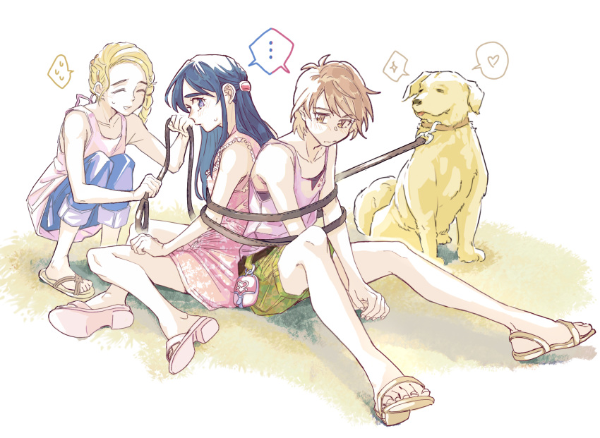 ... 3girls bare_arms bare_legs blonde_hair blue_hair blue_pants blush bound bound_arms brown_footwear character_request closed_eyes closed_mouth commentary_request denim dress full_body futari_wa_precure green_shirt heart highres jeans koyomania labrador_retriever long_hair misumi_nagisa multiple_girls outdoors pants parted_lips pink_dress pink_footwear pink_tank_top precure sandals shared_speech_bubble shirt side_ponytail simple_background sitting smile speech_bubble spoken_ellipsis spoken_heart spoken_sparkle spoken_sweatdrop sweatdrop tank_top toes white_background yukishiro_honoka
