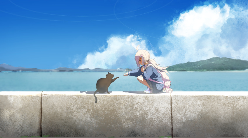 1girl absurdres ahoge bag blue_archive blue_skirt blue_sky blush cat cloud grey_hair highres long_hair long_sleeves looking_at_animal multicolored_hair norio_(norio386) outdoors outstretched_arm reisa_(blue_archive) school_uniform shoes skirt sky sneakers solo squatting stuffed_toy twintails